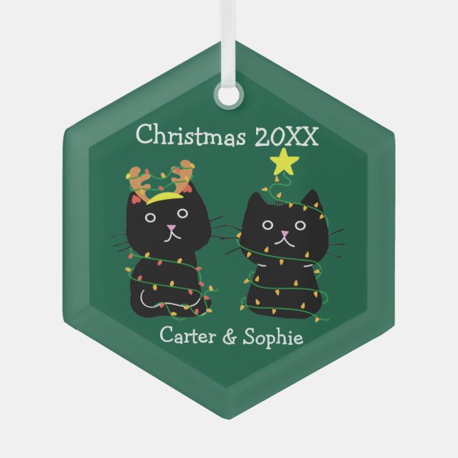 Niedlichen Weihnachtsbeleuchtung für zwei Katzen P Ornament Aus Glas (Vorderseite)