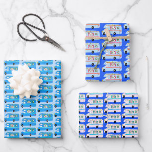 Niedlichen Xmas RV Campers Motorsport Urlaub Blau Geschenkpapier Set