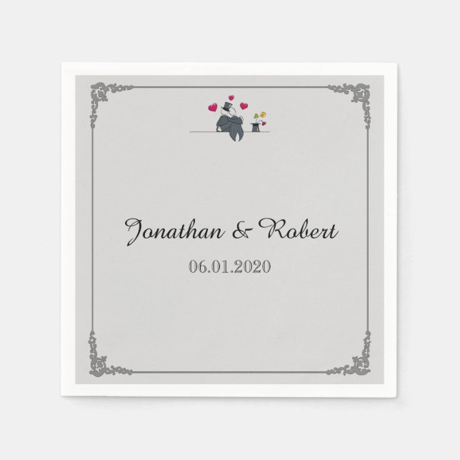 Niedlichen zwei Grooms Cartoon Gay Wedding Napkin Serviette (Vorderseite)