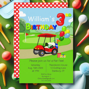 Niedlicher 3. Geburtstag Red Golf Cart Boy's Einladung