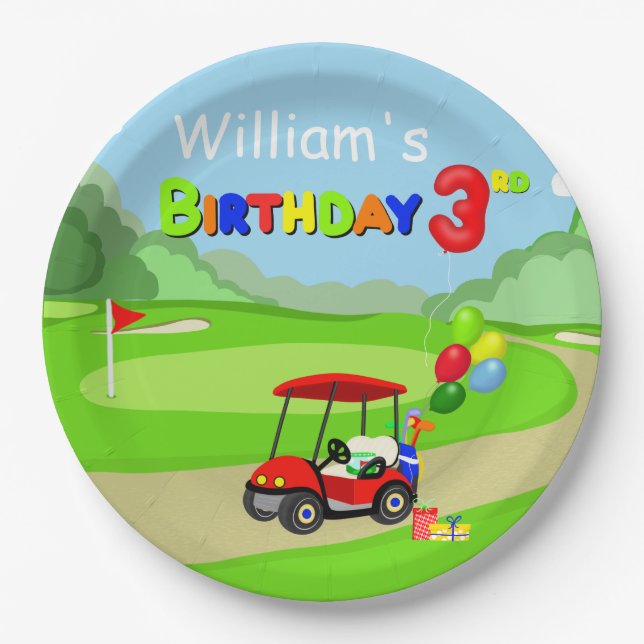 Niedlicher 3. Geburtstag Red Golf Cart Boy's Pappteller (Vorderseite)