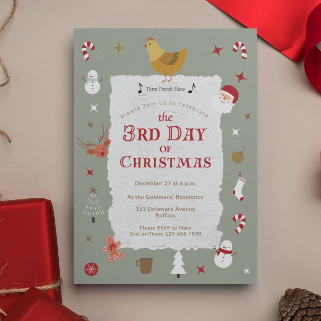 Niedlicher 3. Tag Weihnachten Beliebtes Weihnachts Einladung (A Third Day of Christmas party isn't belated -- it's correct! 
)