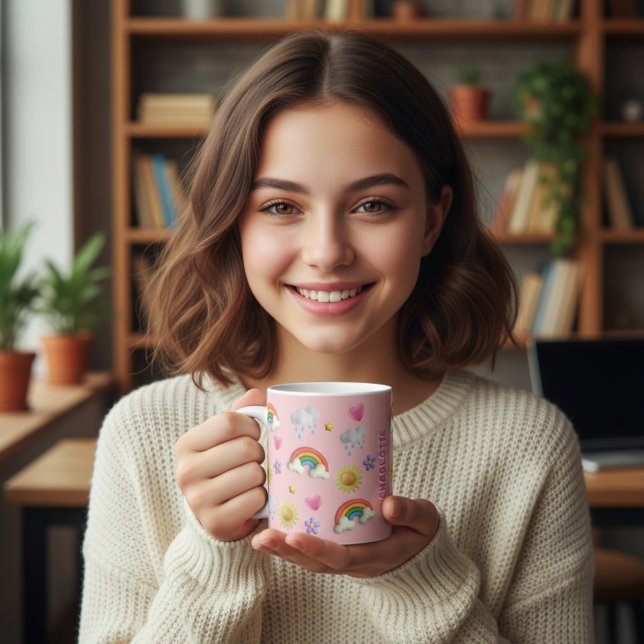 Niedlicher 3D-Name Regenbogen Wolken Sterne Tasse  (Cute 3D Inflated Puff Raibow, Heart, Clouds, Flower, Stars & Sun Pattern Personalized Girl's Name)
