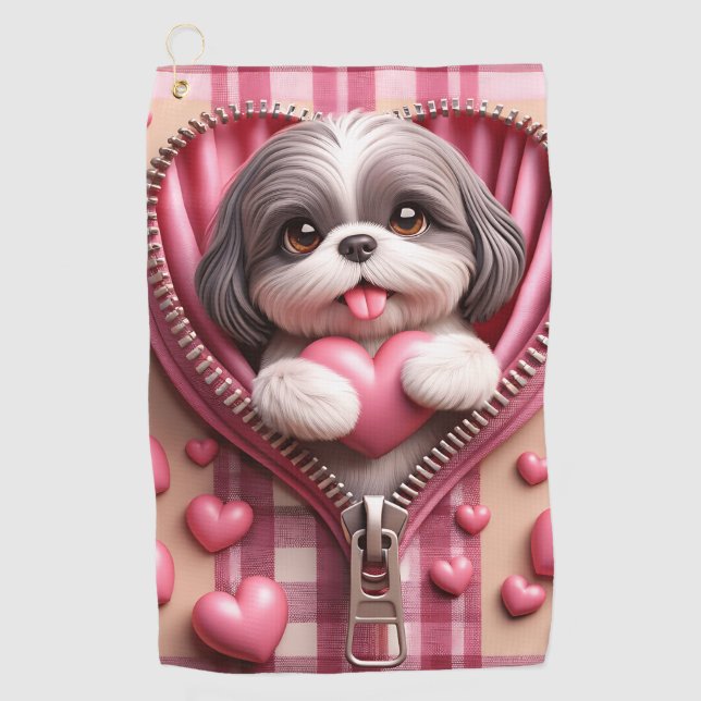 Niedlicher 3D-Shih-Tzu im rosa und weißen Hintergr Golfhandtuch (Vorderseite)