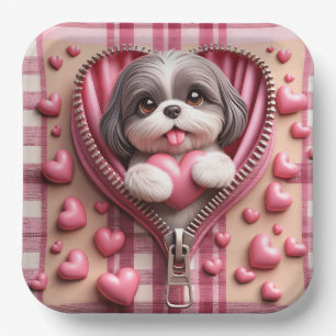 Niedlicher 3D-Shih-Tzu im rosa und weißen Hintergr Pappteller