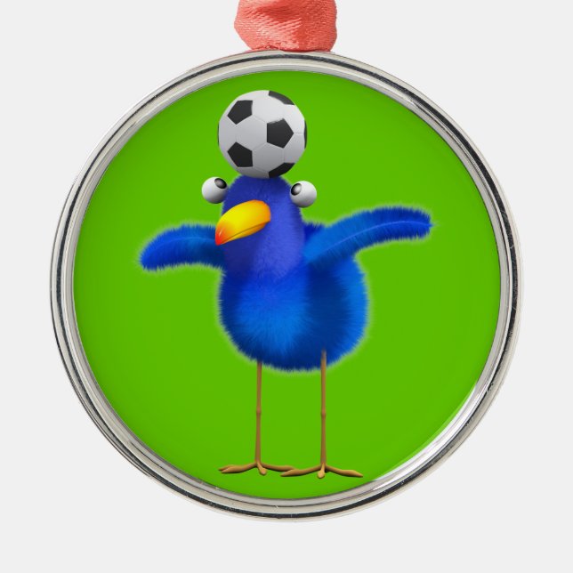 Niedlicher 3d-Vogel spielt Fußball (editierbar) Silbernes Ornament (Vorne)