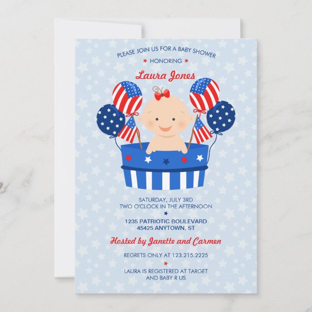 Niedlicher 4. Juli Patriotic Baby Girl Babydusche Einladung (Vorderseite)