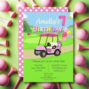 Niedlicher 7. Geburtstag Polka Dot Pink Girly Golf Einladung