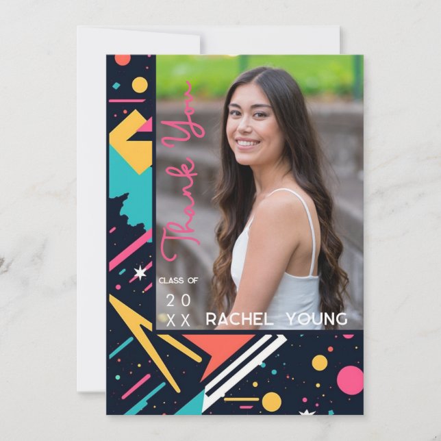 Niedlicher 80er Retro Bright Abschluss Dankeskarte (Vorderseite)