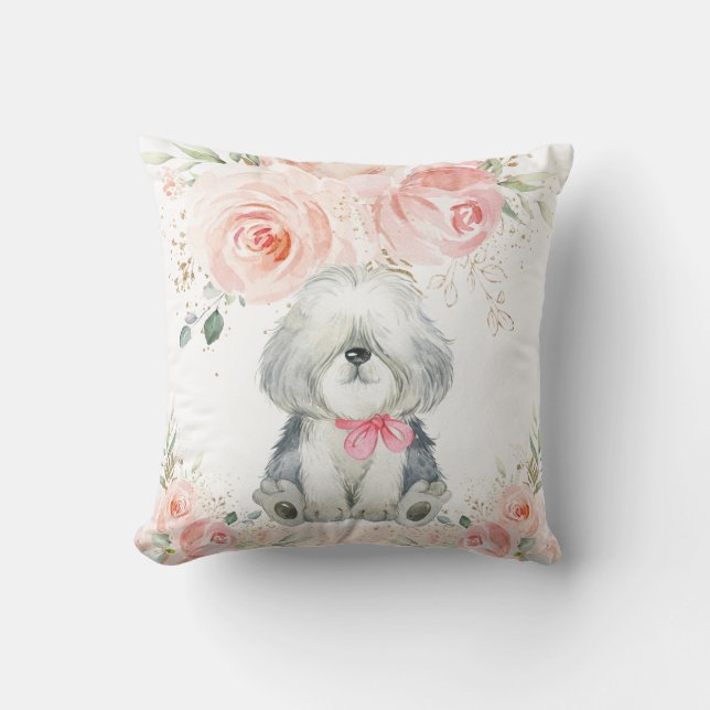 Niedlicher Adorable Sheepdog Hund Blush Pink Flora Kissen (Vorderseite)