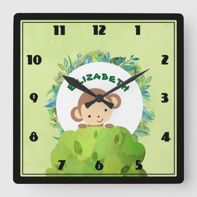 Niedlicher Affe, der sich von Hinter Bush heraushä Quadratische Wanduhr (Vorderseite)