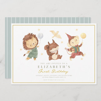 Niedlicher Affe, Eichhörnchen und Löwe Erster Gebu Einladung