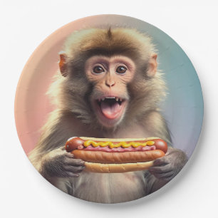 Niedlicher Affe mit Hotdog Pappteller