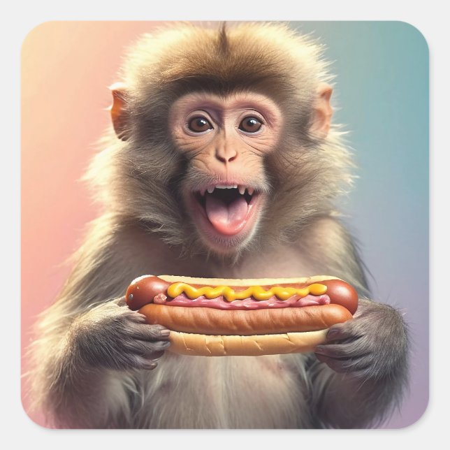 Niedlicher Affe mit Hotdog Quadratischer Aufkleber (Vorderseite)