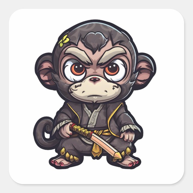 Niedlicher Affe Samurai Augenfang Adorable Monkey Quadratischer Aufkleber (Vorderseite)