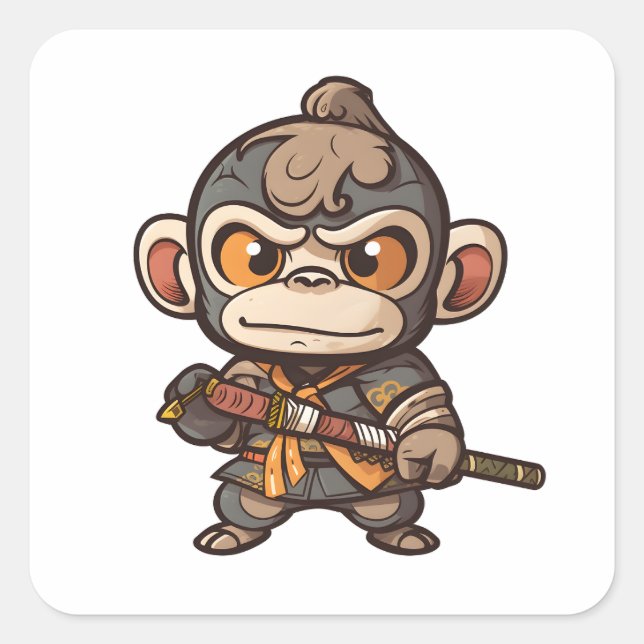 Niedlicher Affe Samurai Augenfang Adorable Monkey Quadratischer Aufkleber (Vorderseite)