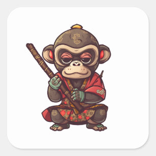 Niedlicher Affe Samurai Augenfang Adorable Monkey Quadratischer Aufkleber