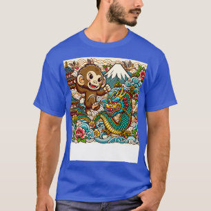Niedlicher Affe und Drache in Japan mit Pagoda Wav T-Shirt