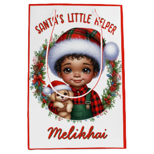 Niedlicher Afroamerikaner mit Welpenweihnachtsfest Mittlere Geschenktüte