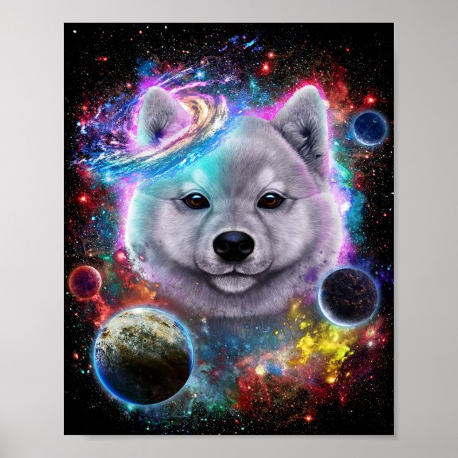 Niedlicher Akita Hund im Weltraum | Galaxy Print Poster (Vorne)