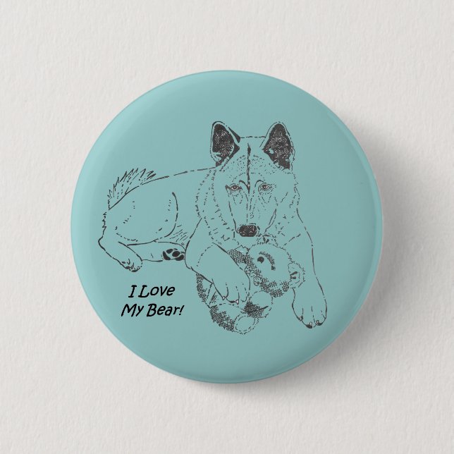 Niedlicher Akita-Hund und Teddybär zeichnend Origi Button (Vorderseite)