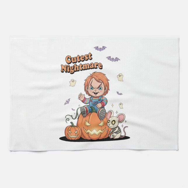 Niedlicher Albtraum Chucky Halloween Geschirrtuch (Horizontal)