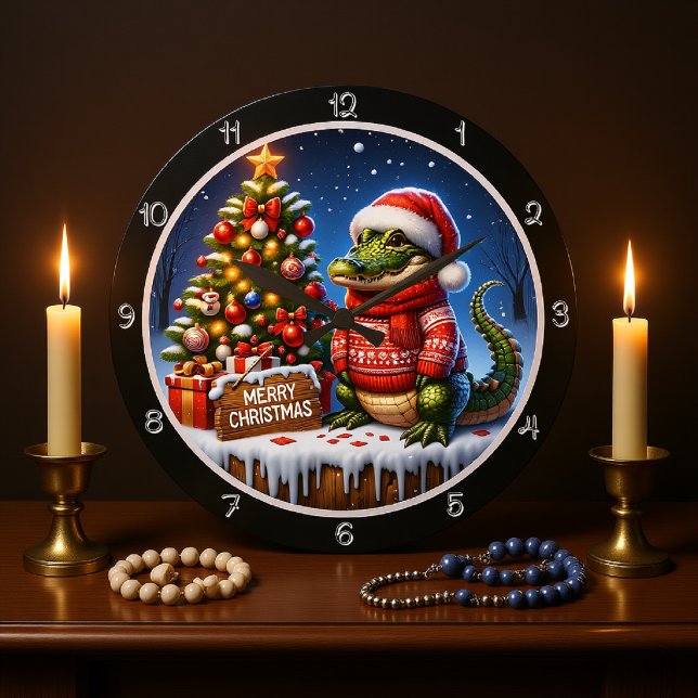 Niedlicher Alligator Frohe Weihnachtsgrafik Große Wanduhr (Von Creator hochgeladen)