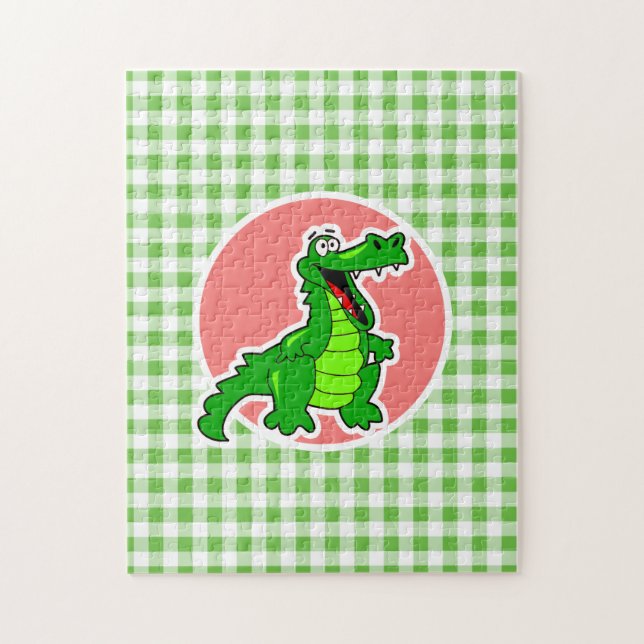 Niedlicher Alligator; Grüner Gingham Puzzle (Vertikal)