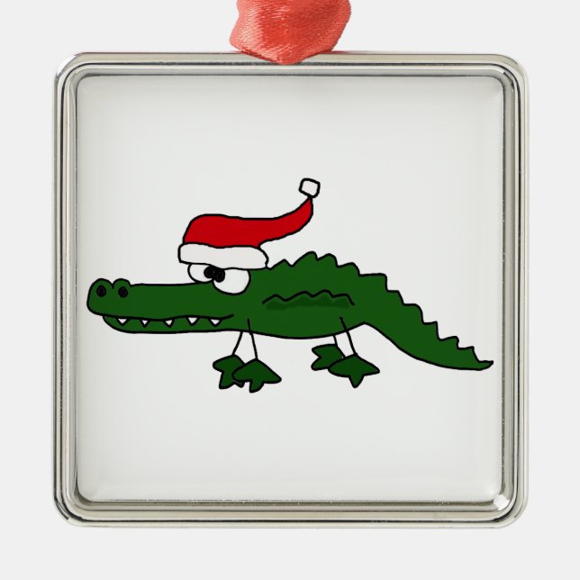 Niedlicher Alligatortragender Weihnachtshut Silbernes Ornament (Vorne)