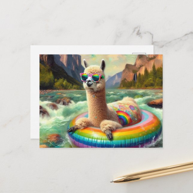 Niedlicher Alpaca auf einem Regenbogenfarbenfloat Postkarte (Vorderseite/Rückseite Beispiel)