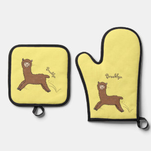 Niedlicher Alpaka-Cartoon Ofenhandschuh & Topflappen-Set