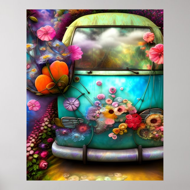 Niedlicher alter rostiger Combi-Van mit Blume in d Poster (Vorne)