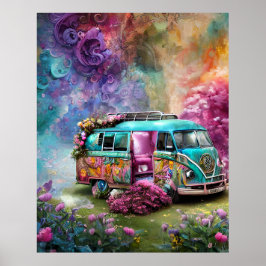 Niedlicher, alter rostiger Combi-Van mit Blume-Pos Poster