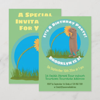 Niedlicher amüsanter Präriehund mit Blume Cartoon Einladung