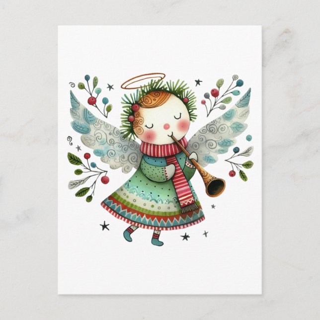 Niedlicher Angel Folk Art Style Frohe Weihnachten Postkarte (Vorderseite)