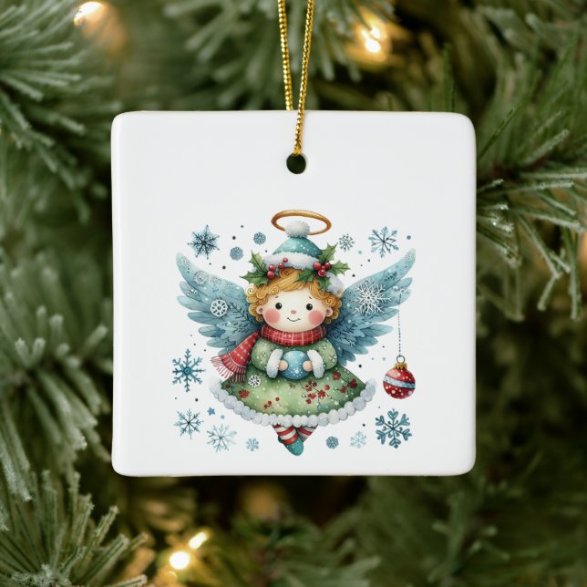 Niedlicher Angel Folk Art Style Keramikornament (Baum)