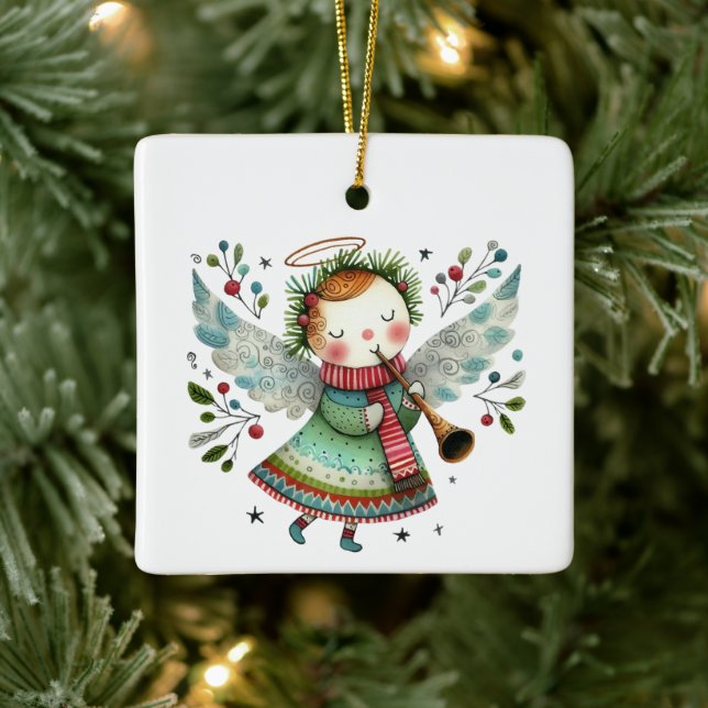 Niedlicher Angel Folk Art Style Keramikornament (Baum)