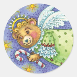 Niedlicher Angel Teddy Bear Weihnachtsaufkleber Runder Aufkleber
