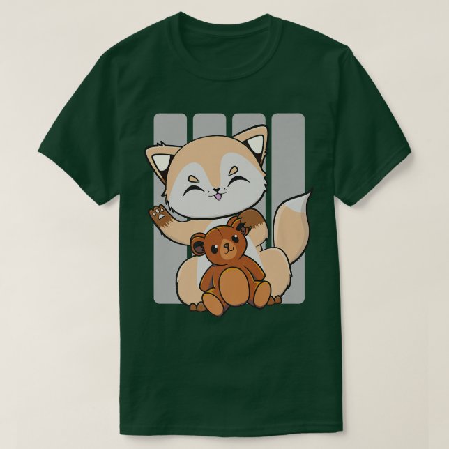 Niedlicher Anime-Fox mit Kawaii-Spielzeug und Tedd T-Shirt (Design vorne)