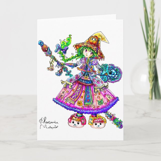 Niedlicher Anime-Hexe Kawaii Halloween-Zauber Karte (Vorderseite)