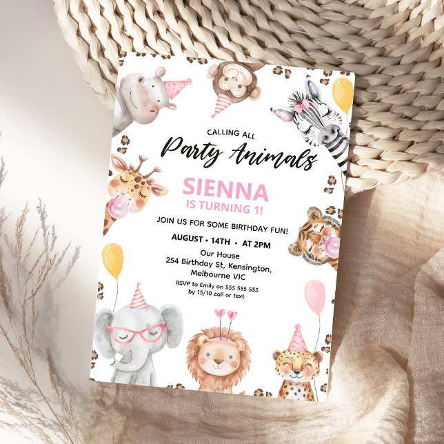 Niedlicher Anruf bei allen Party Tiere Safari 1. G Einladung (Calling All Party Animals Safari Birthday Invitation Girl, Wild One, Safari 1st Birthday Invite)