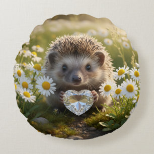 Niedlicher April-Igel mit Diamantherz Rundes Kissen