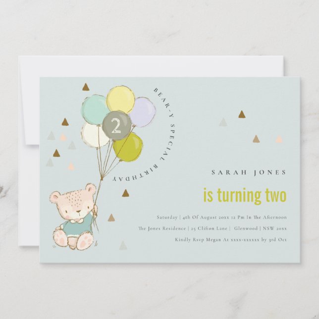 Niedlicher Aqua-Bären-Ballon jedes Alter Geburtsta Dankeskarte (Vorderseite)