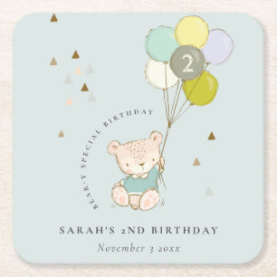 Niedlicher Aqua Blue Bär Ballon Jedes Alter Geburt Rechteckiger Pappuntersetzer