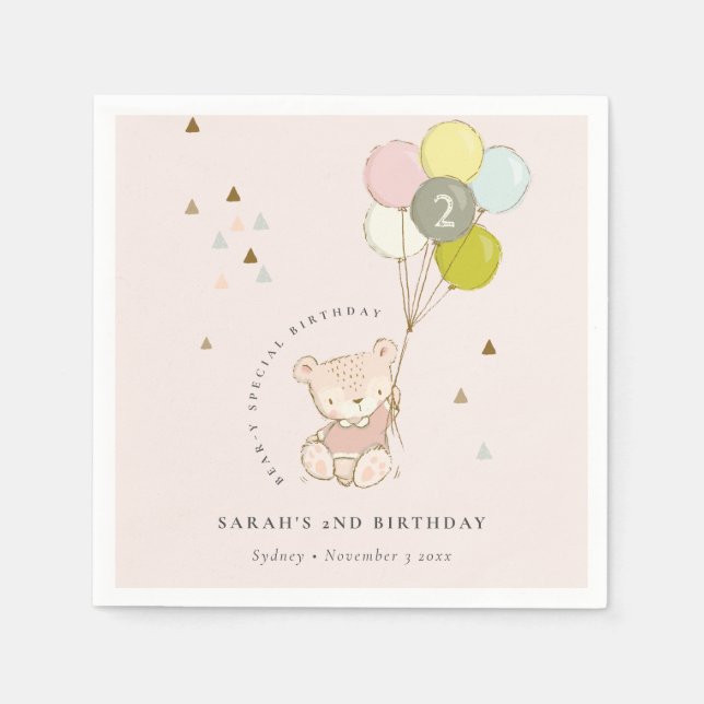 Niedlicher Aqua Blue Bär Ballon Jedes Alter Geburt Serviette (Vorderseite)