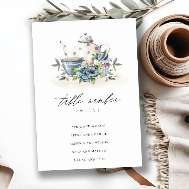 Niedlicher Aqua Blue Floral Teapot Cup Hochzeit Tischnummer (Von Creator hochgeladen)