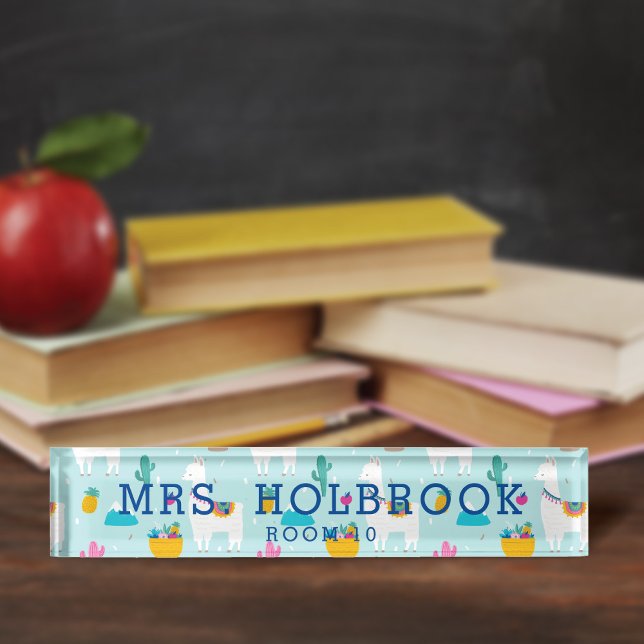 Niedlicher Aqua Blue Llama Musterteacher Namensplakette (Von Creator hochgeladen)