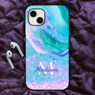 Niedlicher Aqua-Glitzer lila Marmor-Art-Monogramm Case-Mate iPhone Hülle