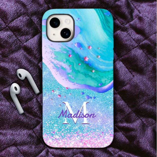 Niedlicher Aqua-Glitzer lila Marmor-Art-Monogramm Case-Mate iPhone Hülle (Von Creator hochgeladen)