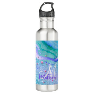 Niedlicher Aqua-Glitzer lila Marmor-Art-Monogramm Edelstahlflasche